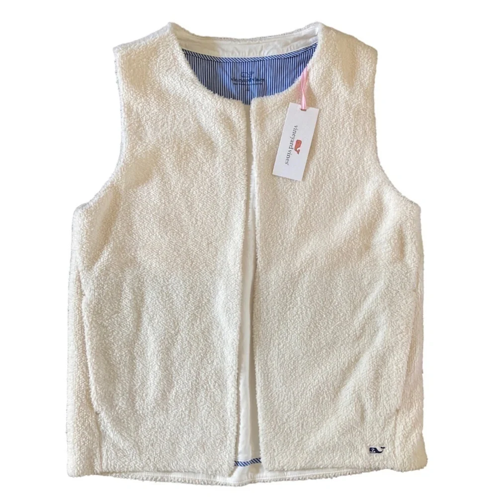Vineyard Vines Girls Fuzzy Vest NWT in Off White Cream Sleeveless Layering Sz 14
